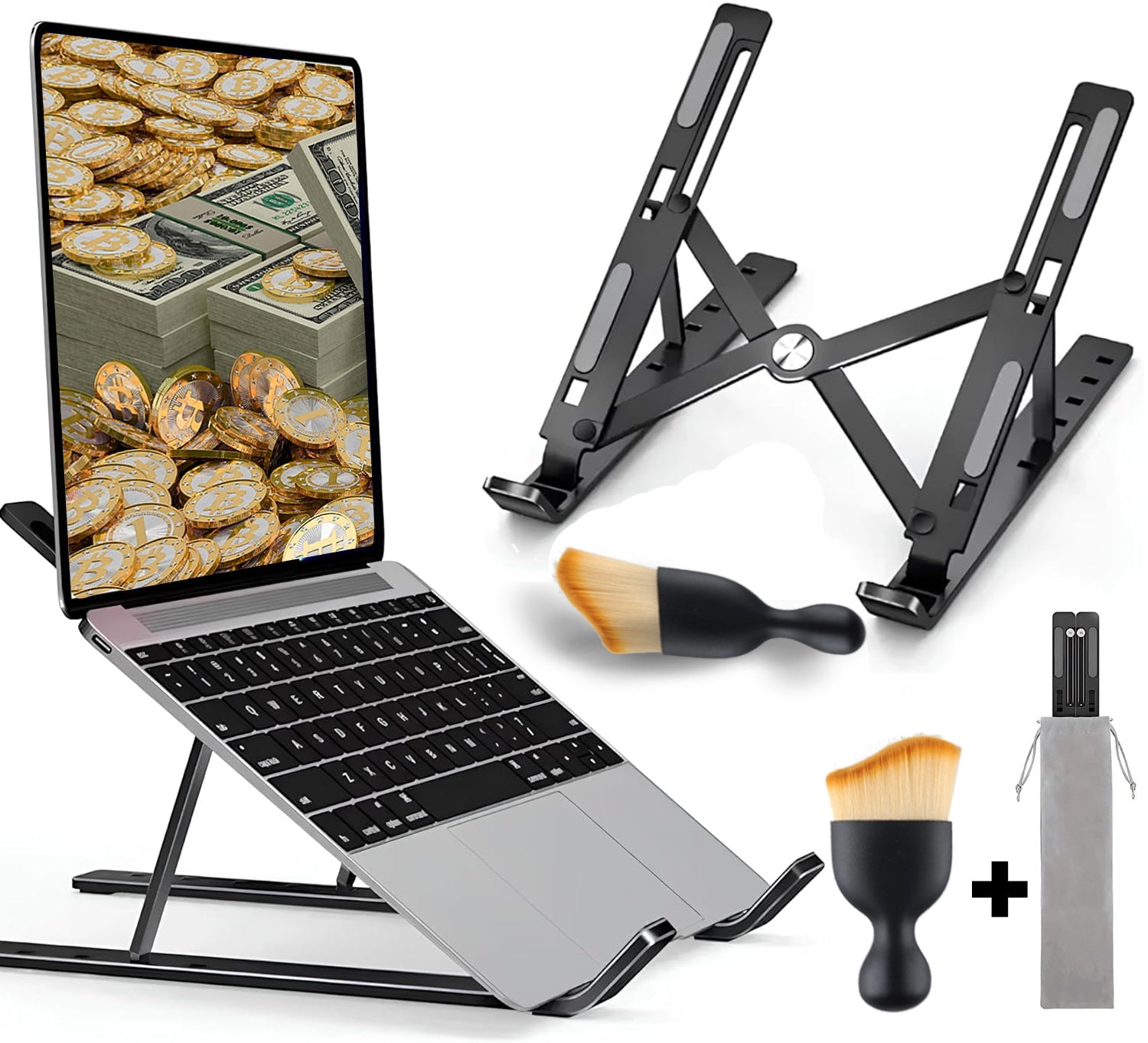 Metal Laptop Stand, 7 Height Levels, Foldable, Laptop Stand Compatible with All 10 - 17 Inch Devices (Non - Slip Silicone + Storage Bag) Compatible with HP, DELL MACBOOK (Black) - Asfour store