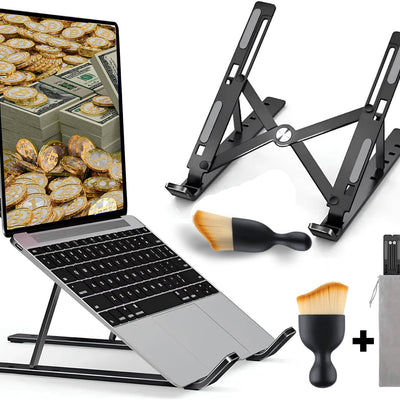 Metal Laptop Stand, 7 Height Levels, Foldable, Laptop Stand Compatible with All 10 - 17 Inch Devices (Non - Slip Silicone + Storage Bag) Compatible with HP, DELL MACBOOK (Black) - Asfour store