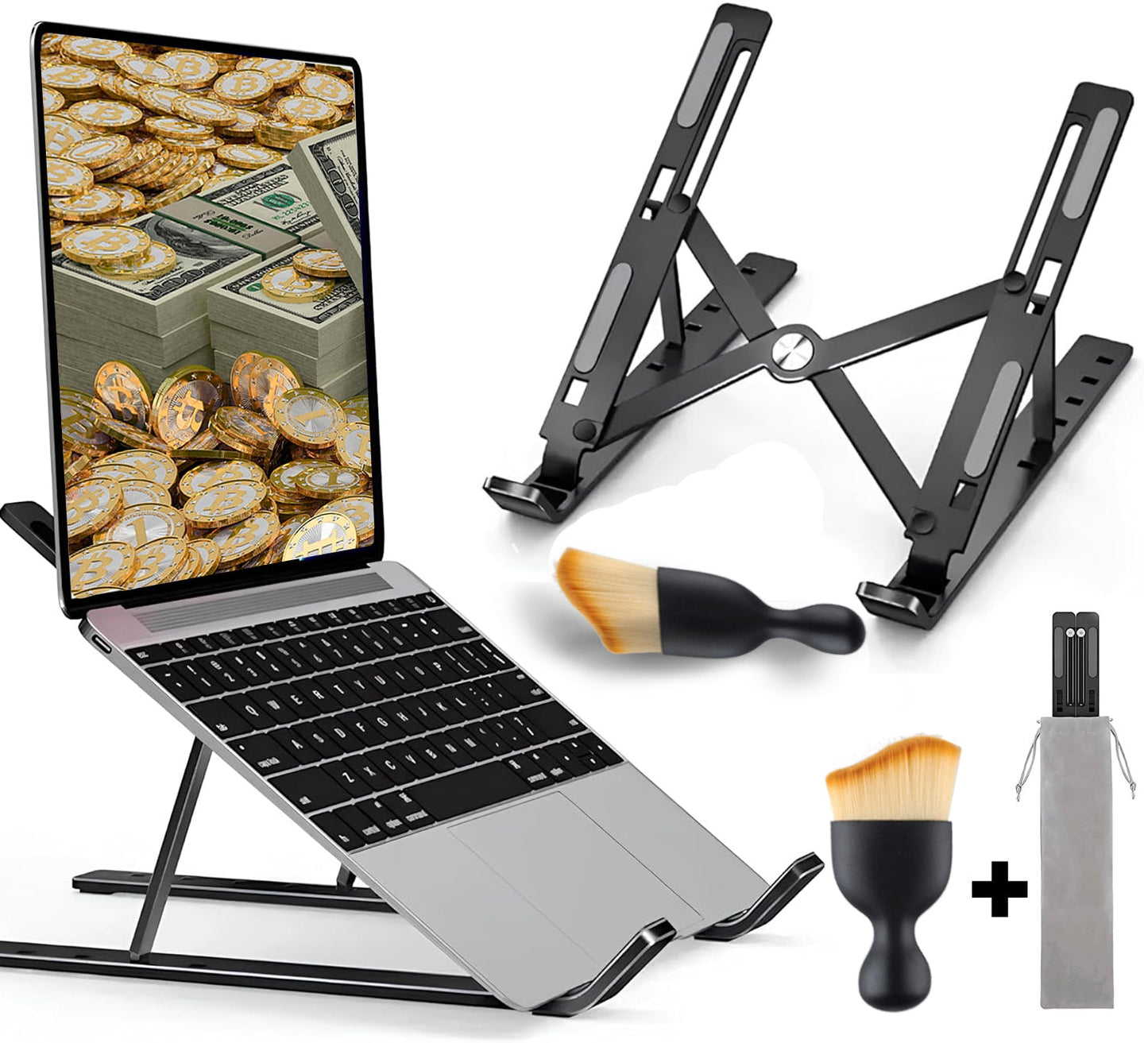 Metal Laptop Stand, 7 Height Levels, Foldable, Laptop Stand Compatible with All 10 - 17 Inch Devices (Non - Slip Silicone + Storage Bag) Compatible with HP, DELL MACBOOK (Black) - Asfour store
