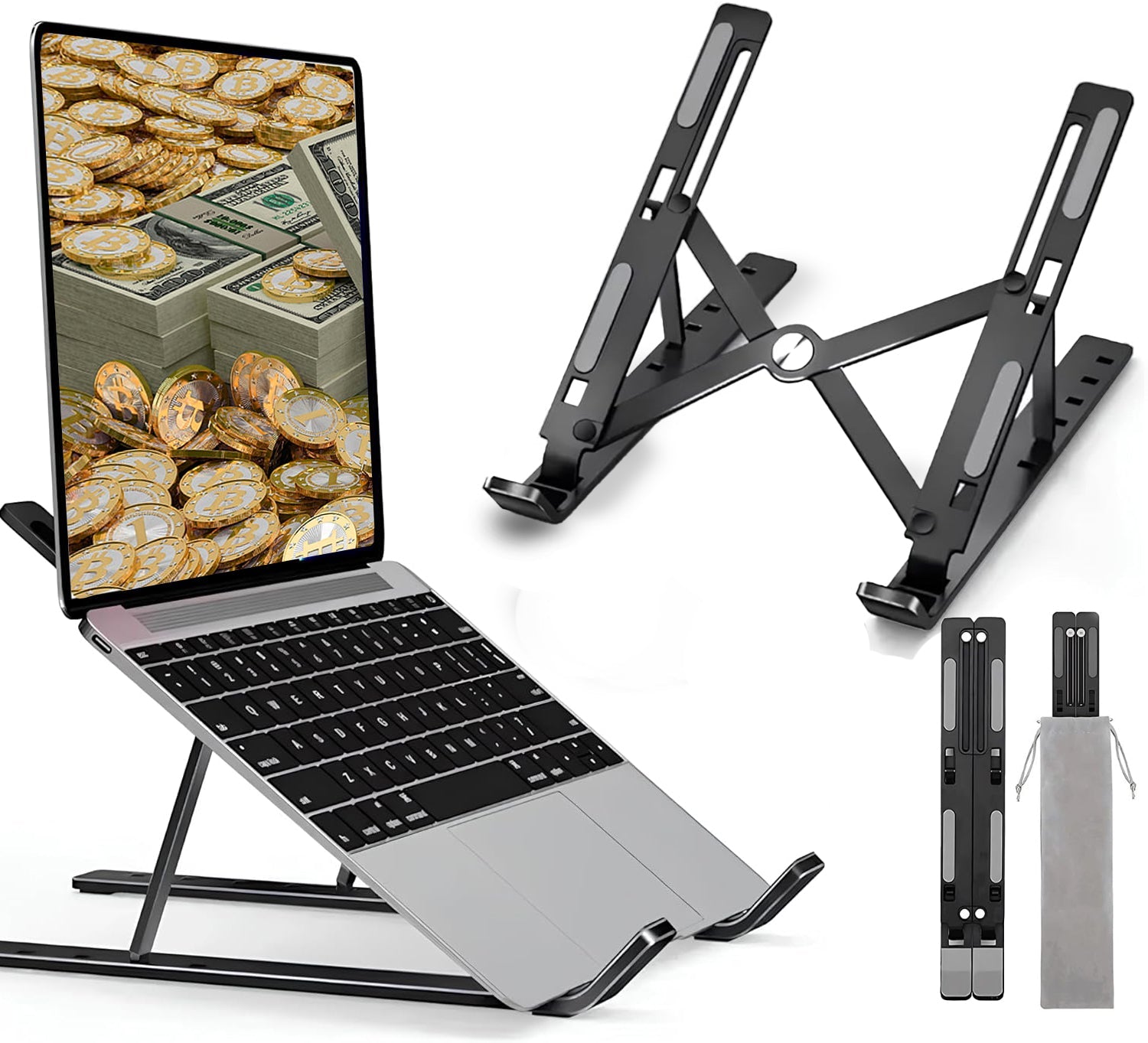 Metal Laptop Stand, 7 Height Levels, Foldable, Laptop Stand Compatible with All 10 - 17 Inch Devices (Non - Slip Silicone + Storage Bag) Compatible with HP, DELL MACBOOK (Black) - Asfour store