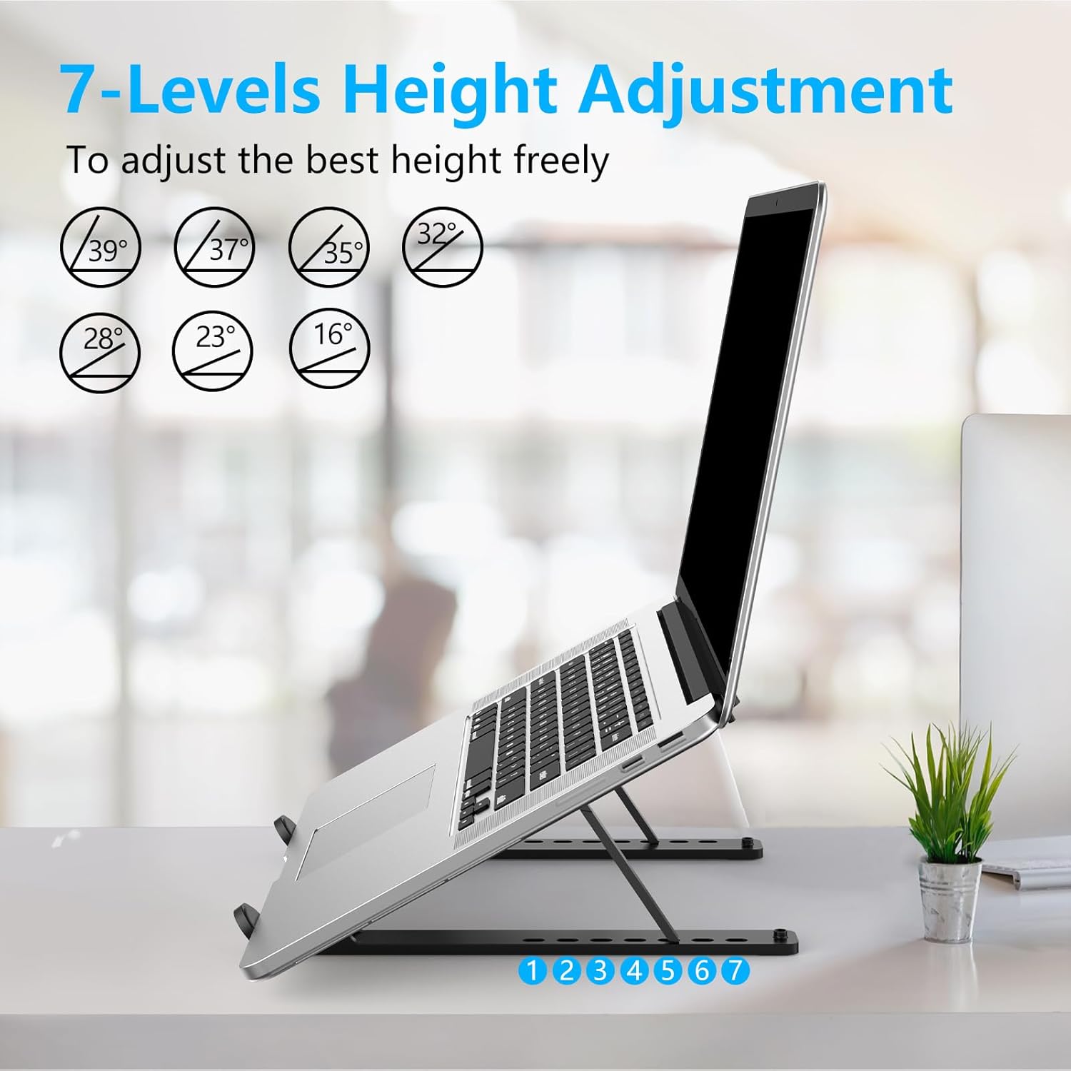 Metal Laptop Stand, 7 Height Levels, Foldable, Laptop Stand Compatible with All 10 - 17 Inch Devices (Non - Slip Silicone + Storage Bag) Compatible with HP, DELL MACBOOK (SILVER) - Asfour store